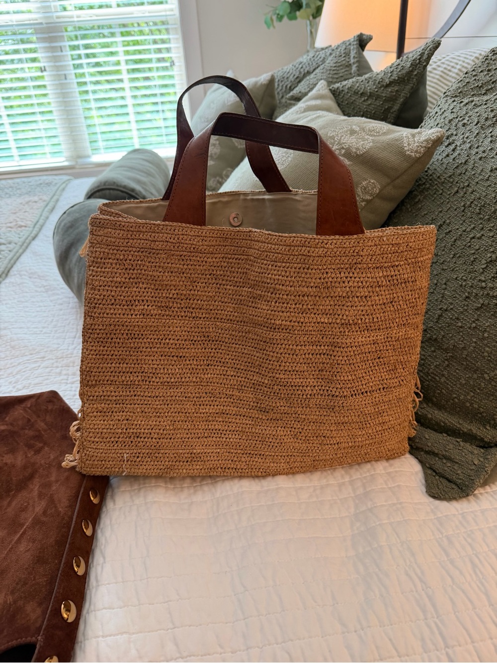 Woven Tan Tote with Brown Leather Handles